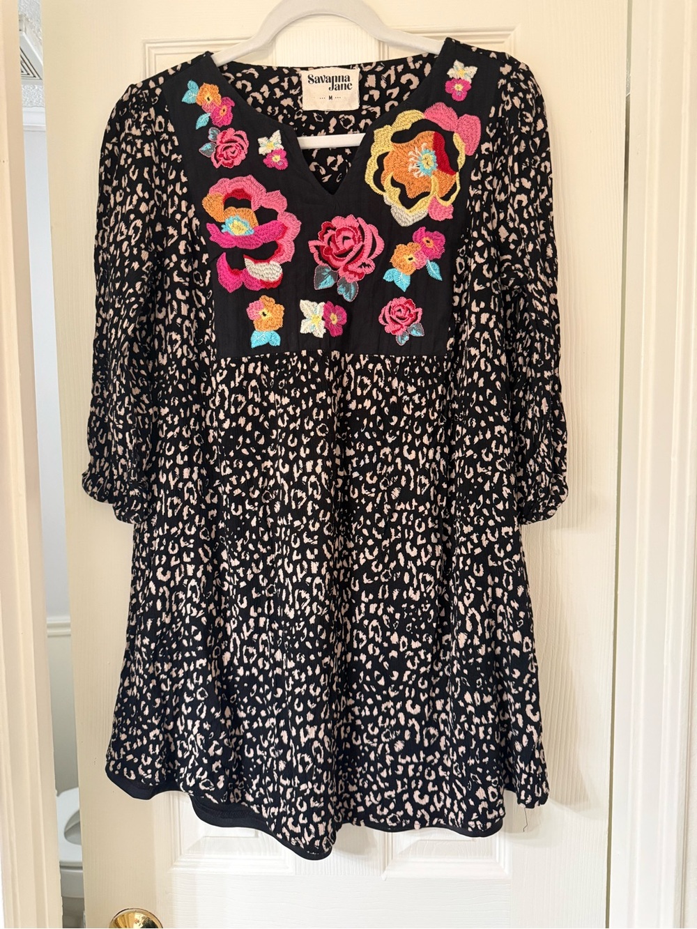 Savanna Jane Black Dress with Bright Pink & Yellow Floral Embroidery